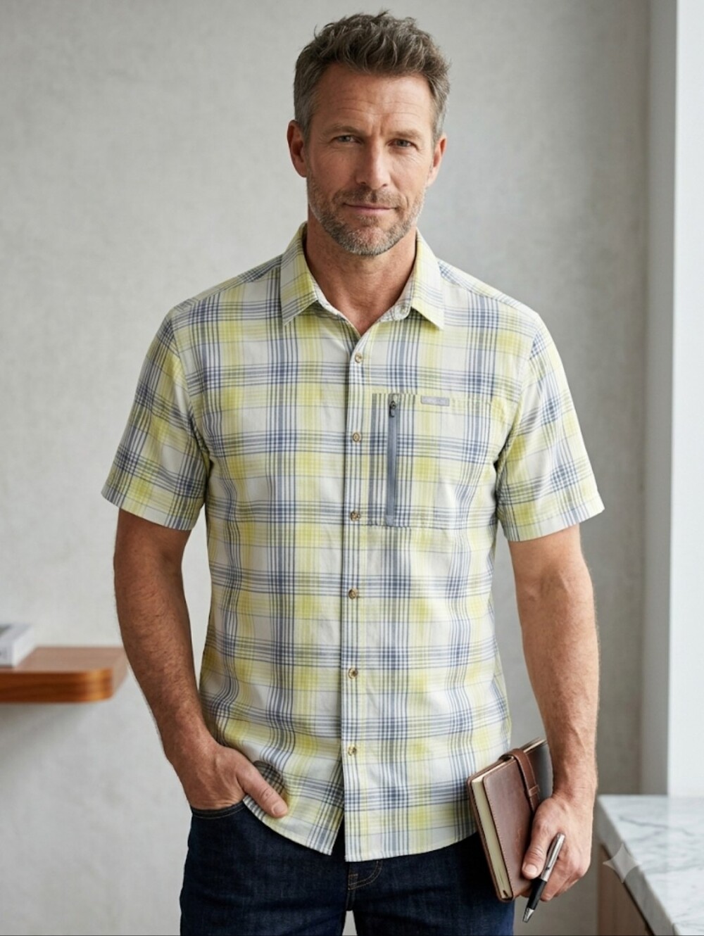 Columbia Activewear Casual Short-Sleeve Lime Green Plaid Button-Down Shirt XL